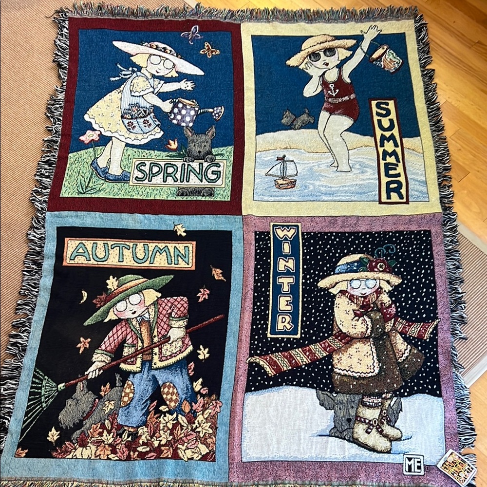 NWT Vintage Mary Engelbreit 4 Seasons Tapestry Afghan Throw Blanket
